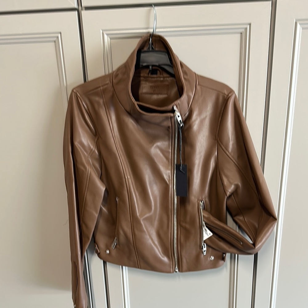 Blank NYC Brown faux Leather Moto Jacket with Asymmetrical Zipper